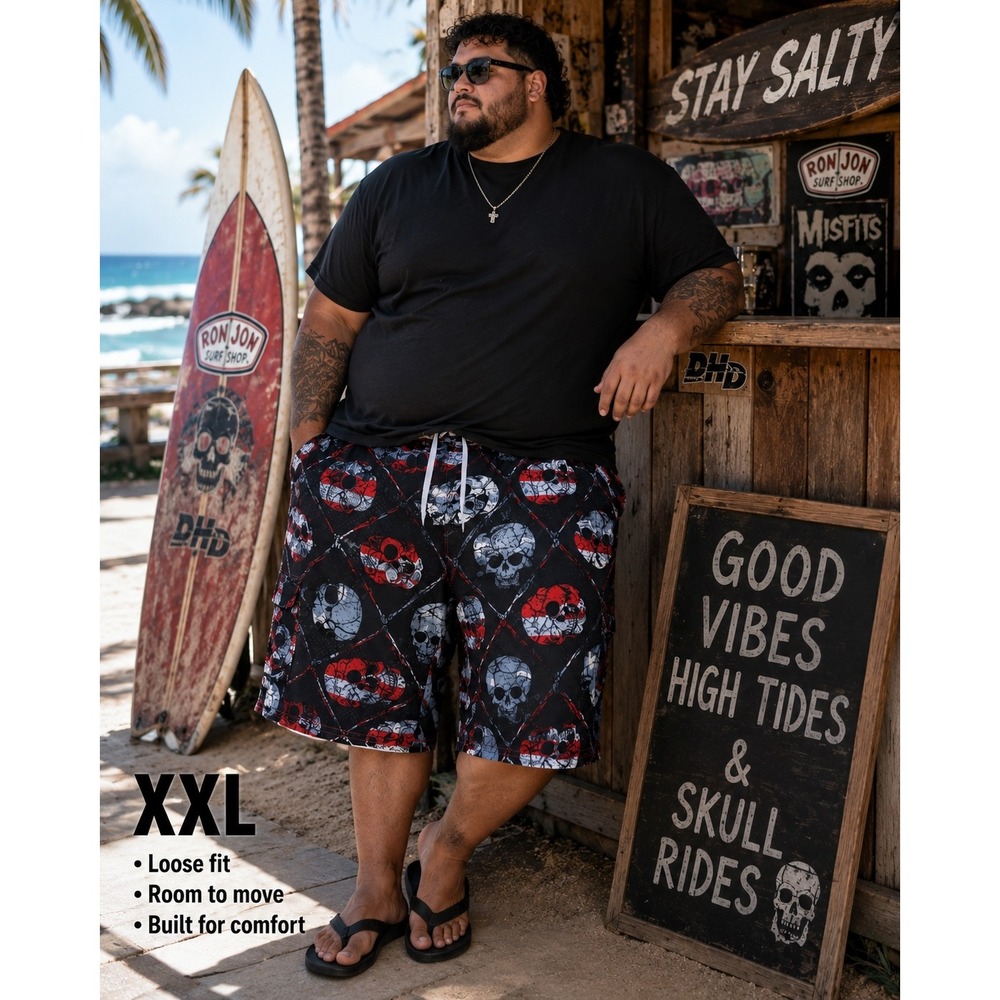 Joe Boxer XXL Skull Board Shorts Y2K Goth Punk Grunge Swim Trunks Black Red